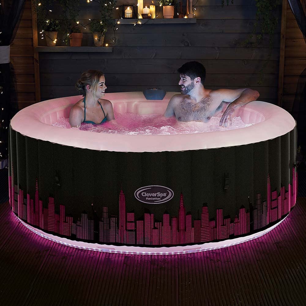 CleverSpa Manhattan 4 Person Round Inflatable Outdoor Bubble Spa Hot Tub with 130 Airjets, 365 Freezeguard Technology - 7 Colour LED Lights - Best Lights