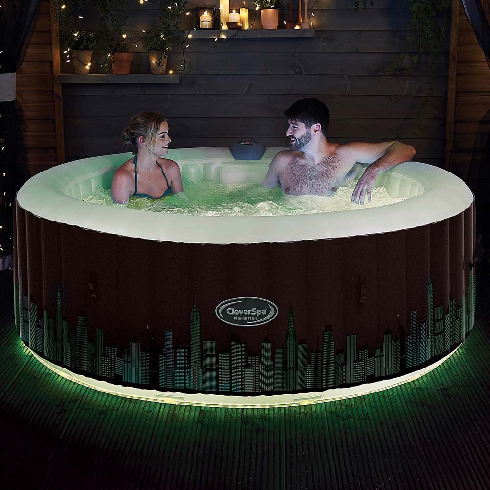 CleverSpa Manhattan 4 Person Round Inflatable Outdoor Bubble Spa Hot Tub with 130 Airjets, 365 Freezeguard Technology - 7 Colour LED Lights - Lights